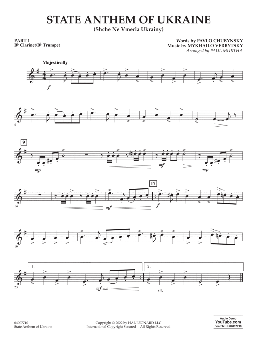 State Anthem of Ukraine (Shche Ne Vmerla Ukrainy) (arr. Murtha) - Pt.1 - Bb Clarinet/Bb Trumpet Concert Band scores gallery preview page 1