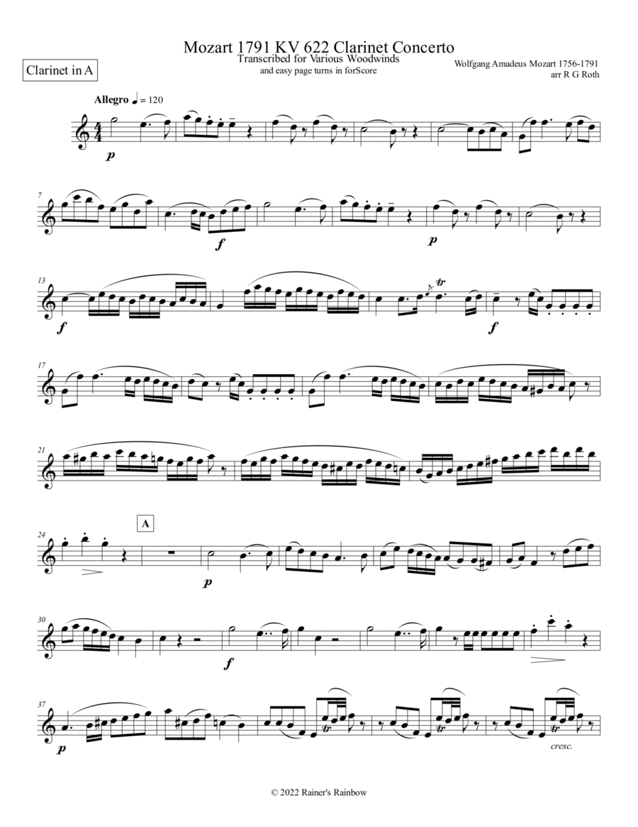 Mozart 1791 KV 622 Clarinet Concerto in A Solo Part Only A Clarinet scores gallery preview page 1
