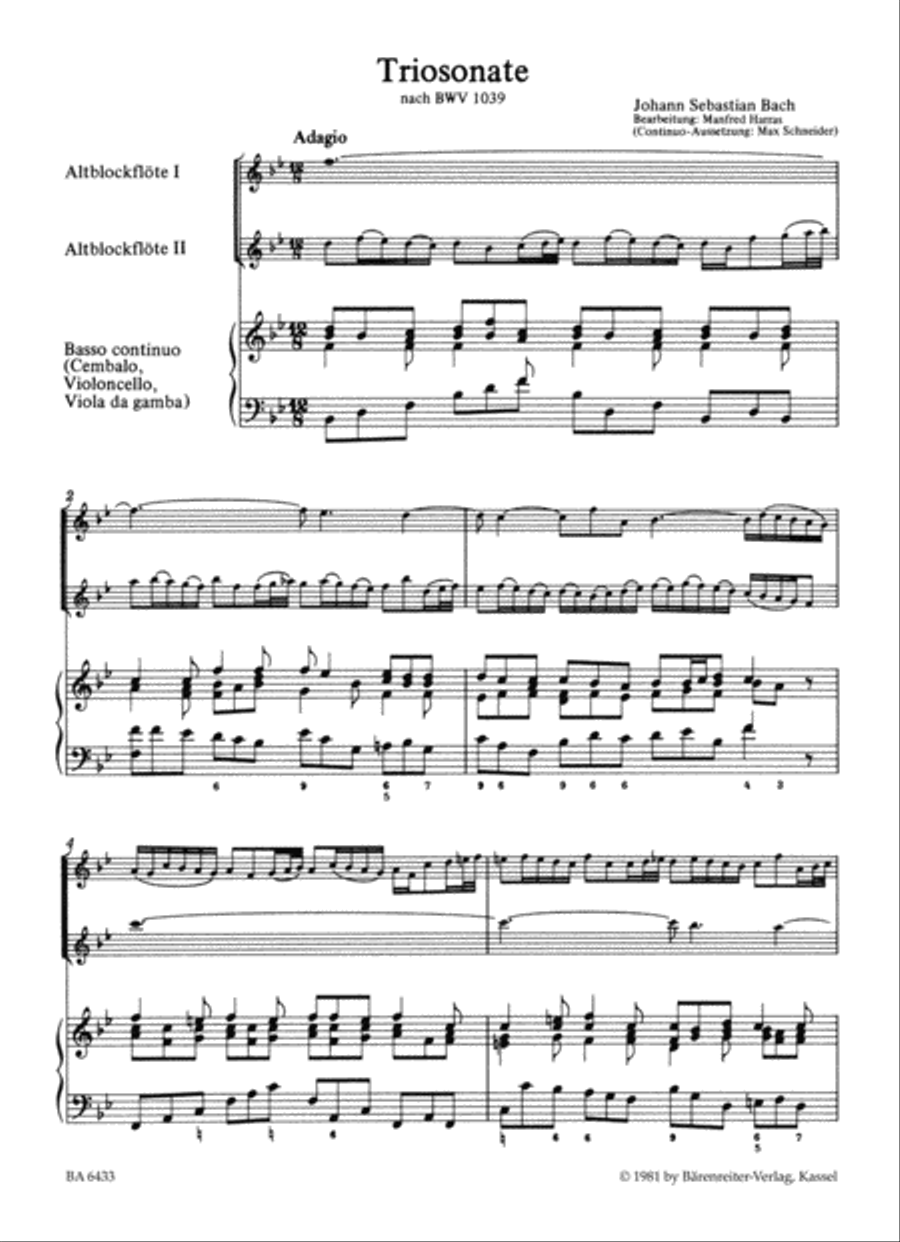 Triosonate for two Recorders and Basso continuo B flat major (original G major) BWV 1039 Alto Recorder scores gallery preview page 2