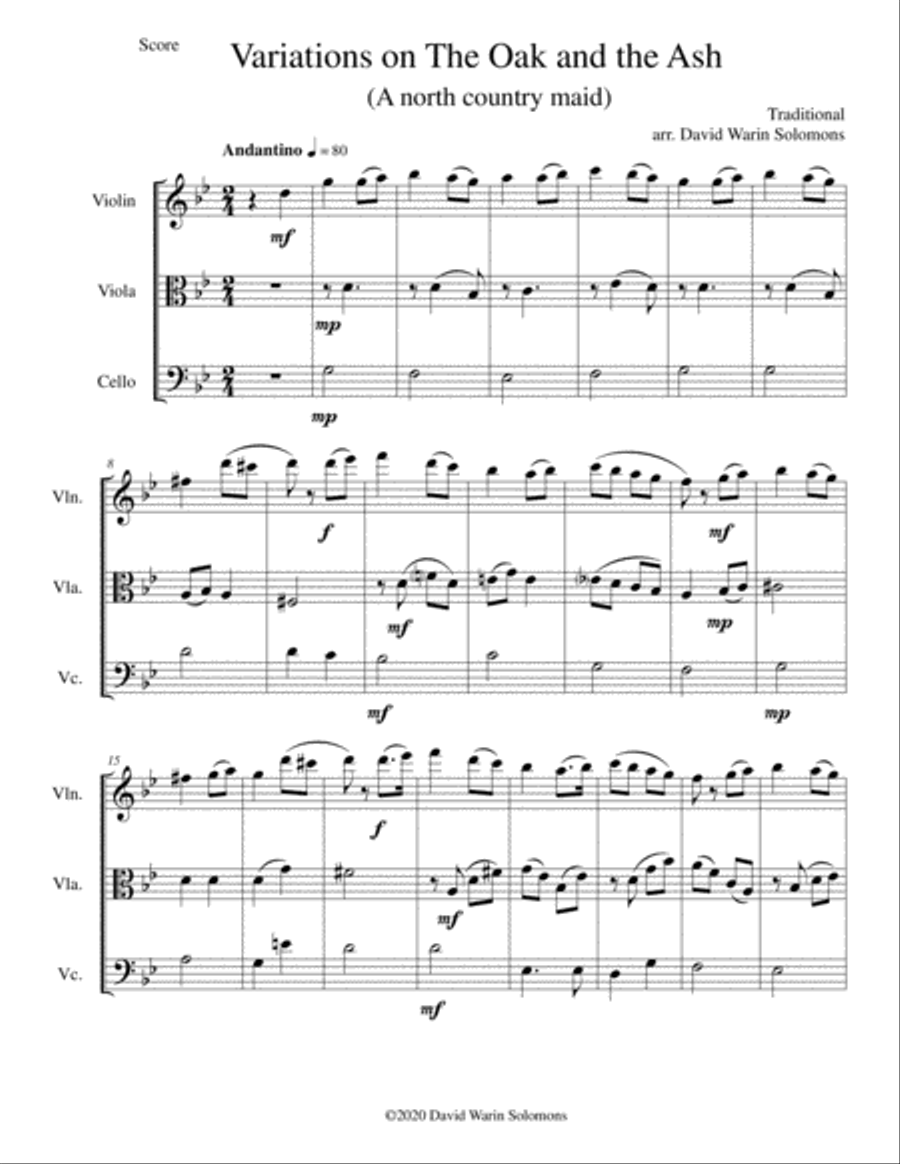 Variations on The Oak and the Ash (A north country Maid) for string trio String Trio scores gallery preview page 1