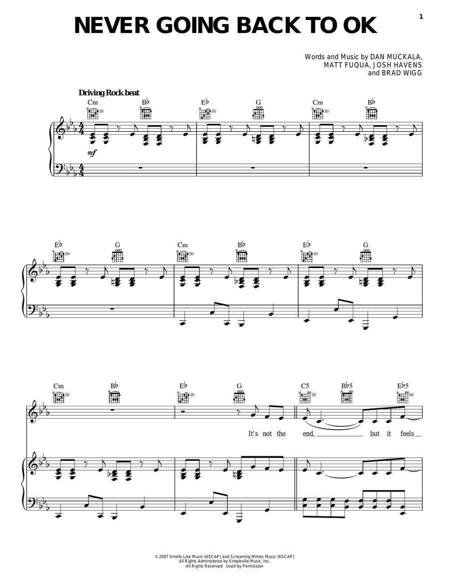 Never Going Back To OK Piano, Vocal, Guitar scores gallery preview page 1
