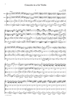 Book cover for Vivaldi Concerto in a for Violin, all mvts., for string quartet, CV106