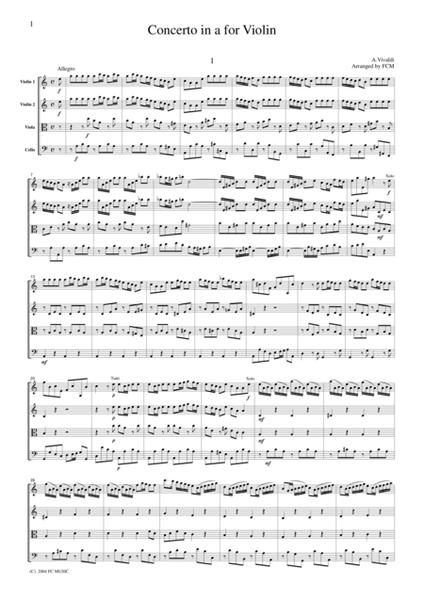 Vivaldi Concerto in a for Violin, all mvts., for string quartet, CV106