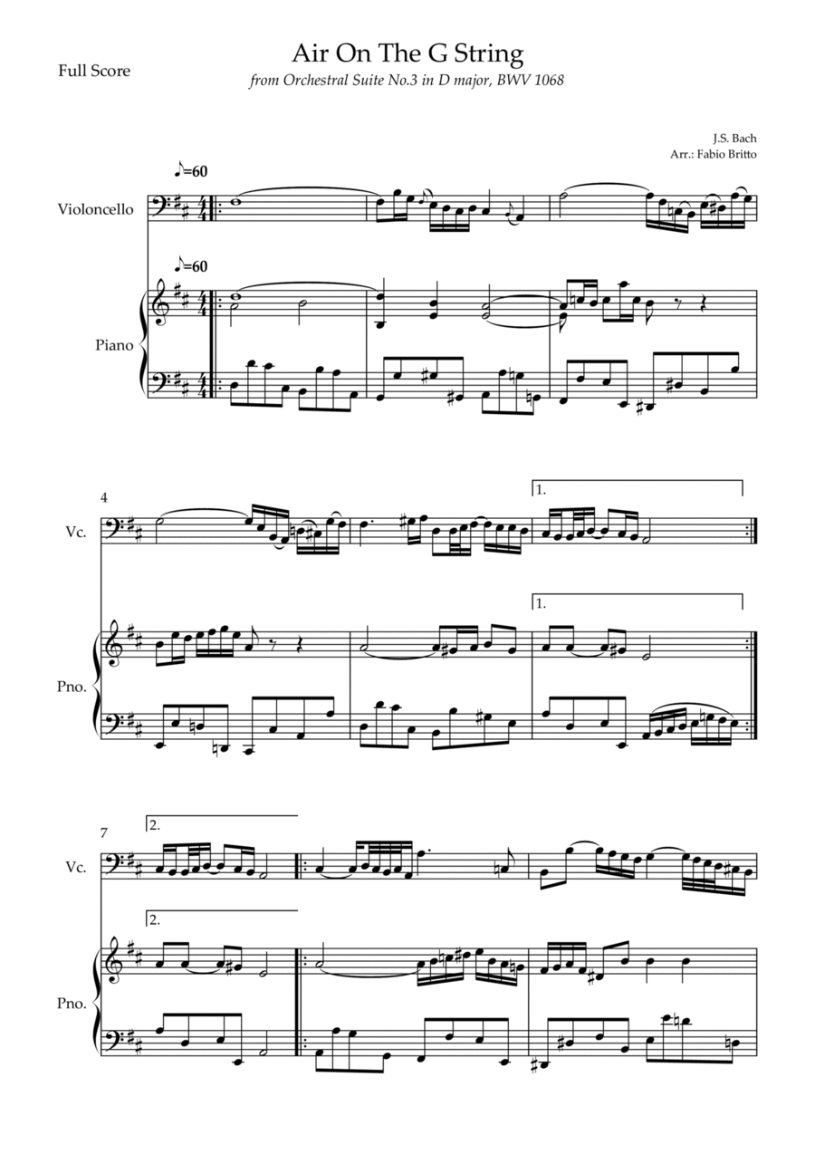 Air On The G String (J.S. Bach) for Cello Solo and Piano Accompaniment Piano scores gallery preview page 1