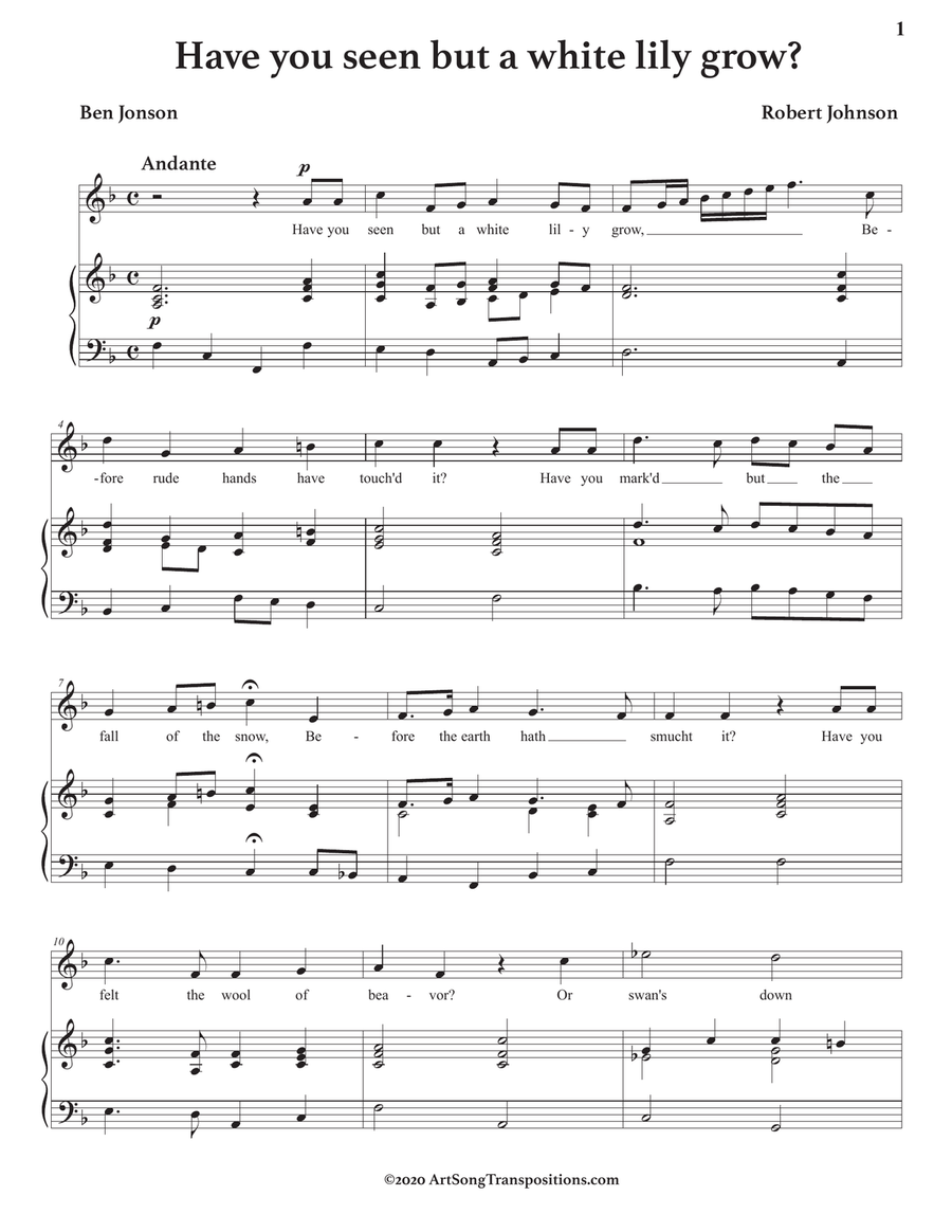 JOHNSON: Have you seen but a white lily grow? (transposed to F major) Voice scores gallery preview page 2