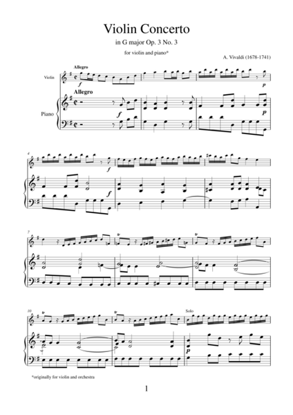 Concerto in G major Op.3 No.3 by Antonio Vivaldi for violin and piano