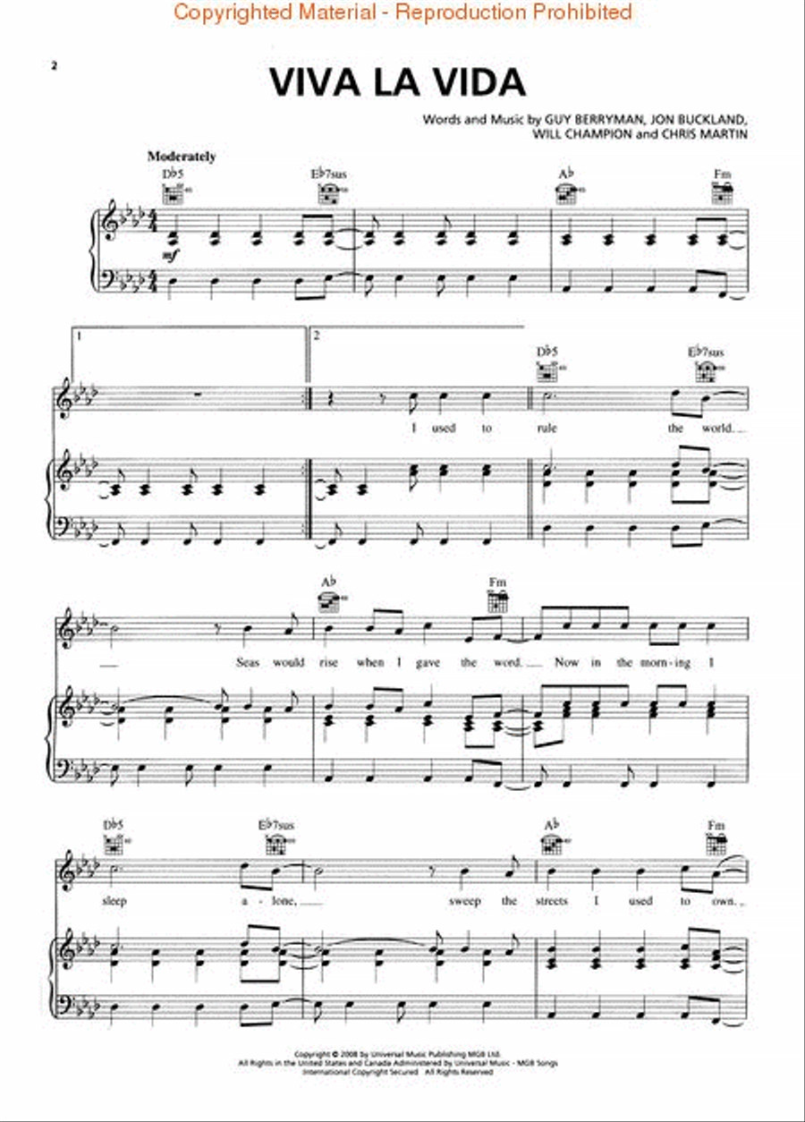 Viva La Vida Piano, Vocal, Guitar scores gallery preview page 2