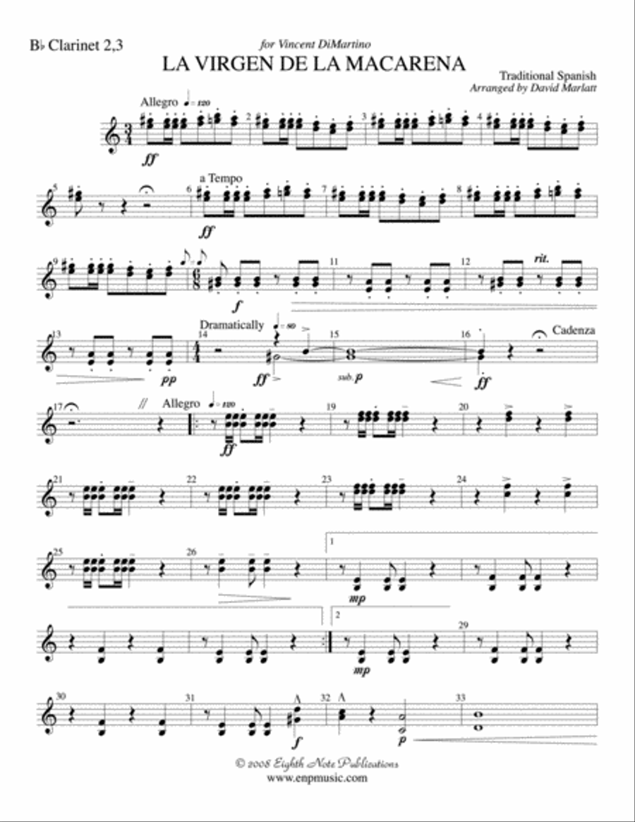 La Virgen de la Macarena (Solo Trumpet and Concert Band): 2nd & 3rd B-flat Clarinets Concert Band scores gallery preview page 1