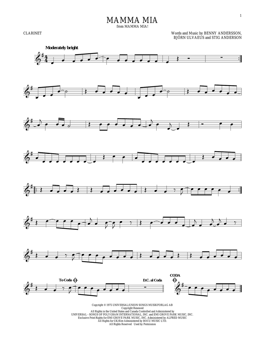 Mamma Mia Clarinet Solo scores gallery preview page 1
