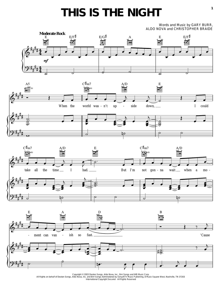 This Is The Night Piano, Vocal, Guitar scores gallery preview page 1