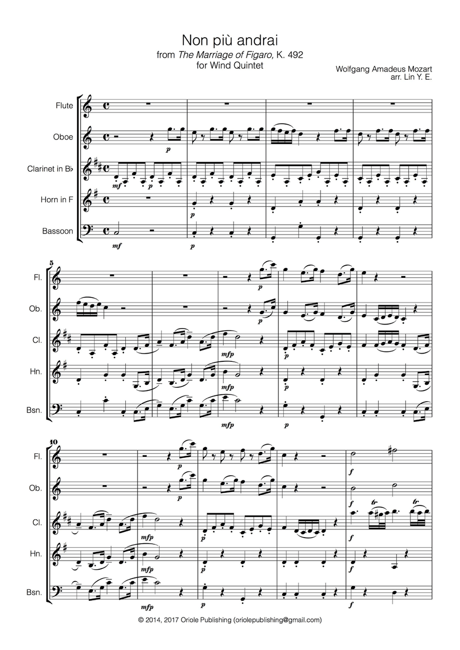 Non Più Andrai from The Marriage of Figaro (Mozart) for Wind Quintet Woodwind Quintet scores gallery preview page 2