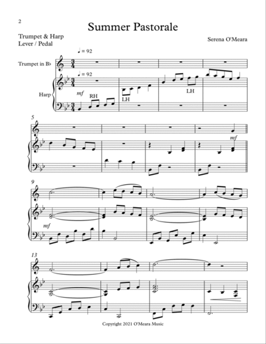 Summer Pastorale, Duet for Bb Trumpet & Harp Trumpet Duet scores gallery preview page 2