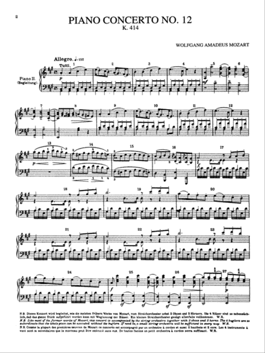 Mozart: Piano Concerto No. 12 in A Major, K. 414 Piano scores gallery preview page 1