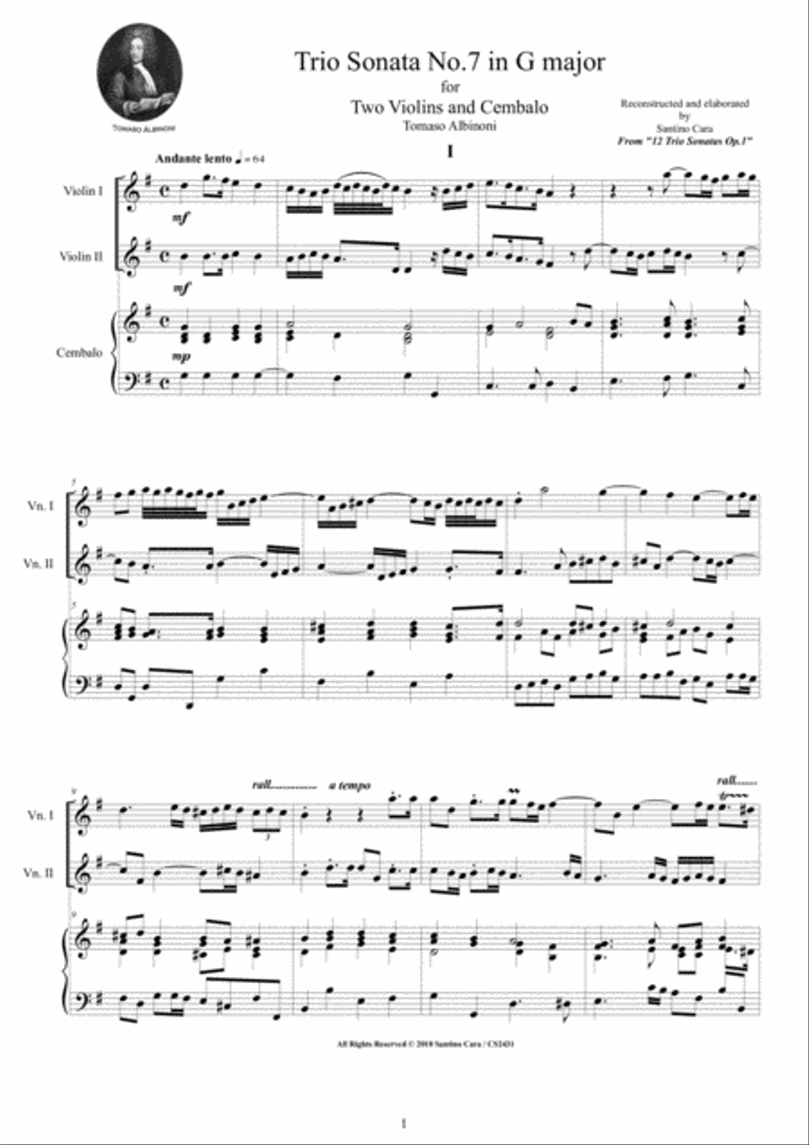 Albinoni - Trio Sonata No.7 in G major Op.1 for Two Violins and Cembalo or Piano Violin scores gallery preview page 1