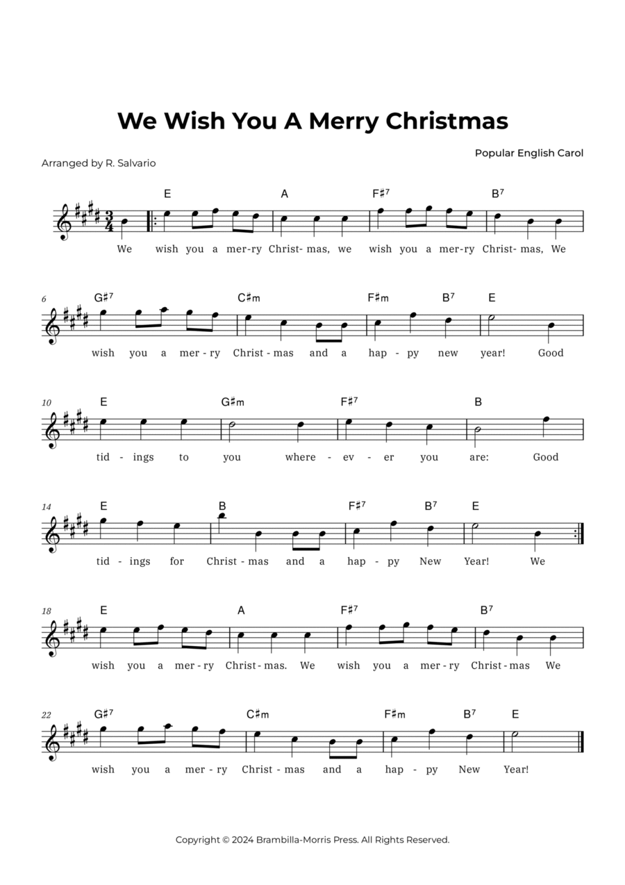 We Wish You a Merry Christmas (Key of E Major) Piano scores gallery preview page 1