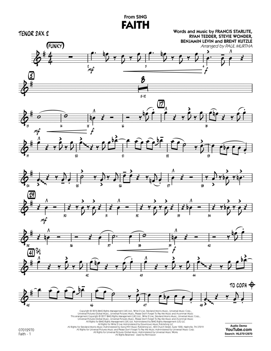 Faith (from Sing) - Tenor Sax 2 Tenor Saxophone scores gallery preview page 1