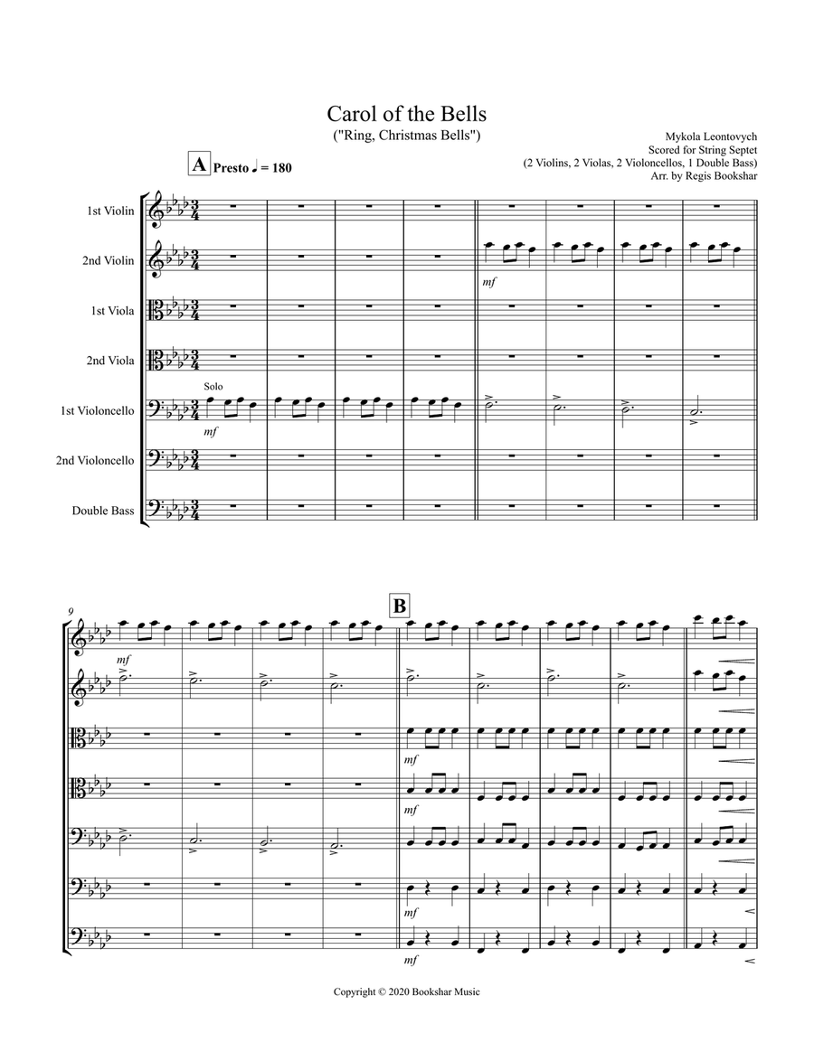 Carol of the Bells (F min) (String Septet - 2 Violin, 2 Viola, 2 Cello, 1 Bass) String Orchestra scores gallery preview page 1