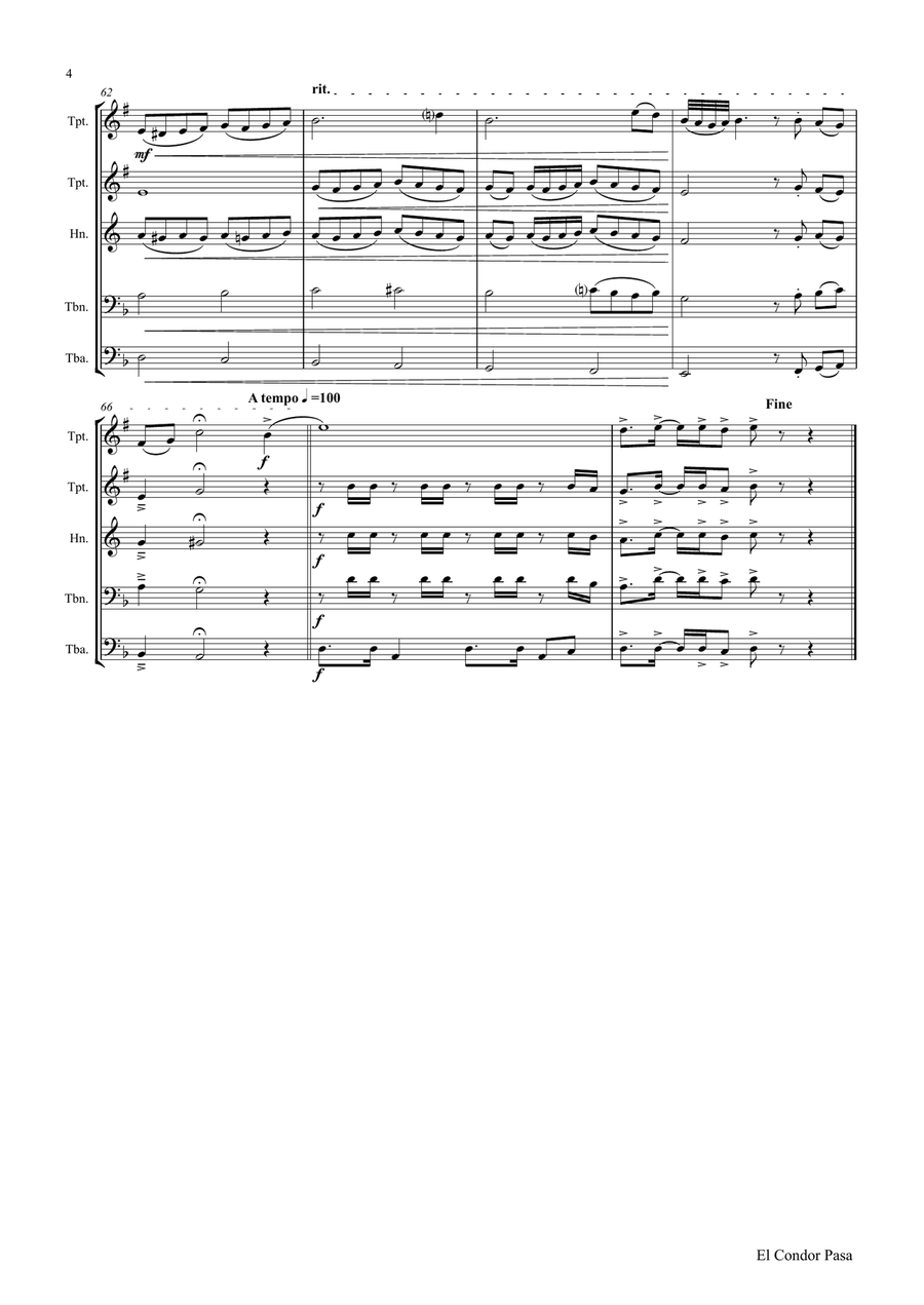 El Condor pasa - Peruvian Folk Song - Brass Quintet Brass Quintet scores gallery preview page 4