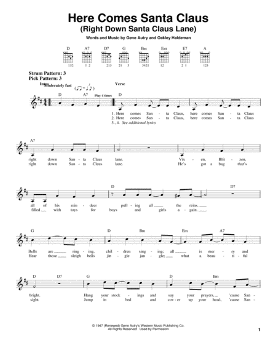 Here Comes Santa Claus (Right Down Santa Claus Lane) Easy Guitar scores gallery preview page 1