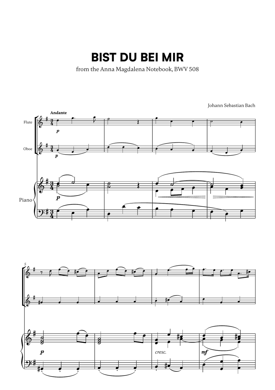 Johann Sebastian Bach - Bist du bei Mir (BWV 508) (G major) (for Flute and Oboe)
