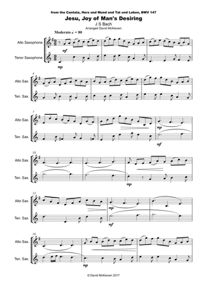 Jesu Joy of Man's Desiring, J S Bach, Alto and Tenor Saxophone Duet image number null