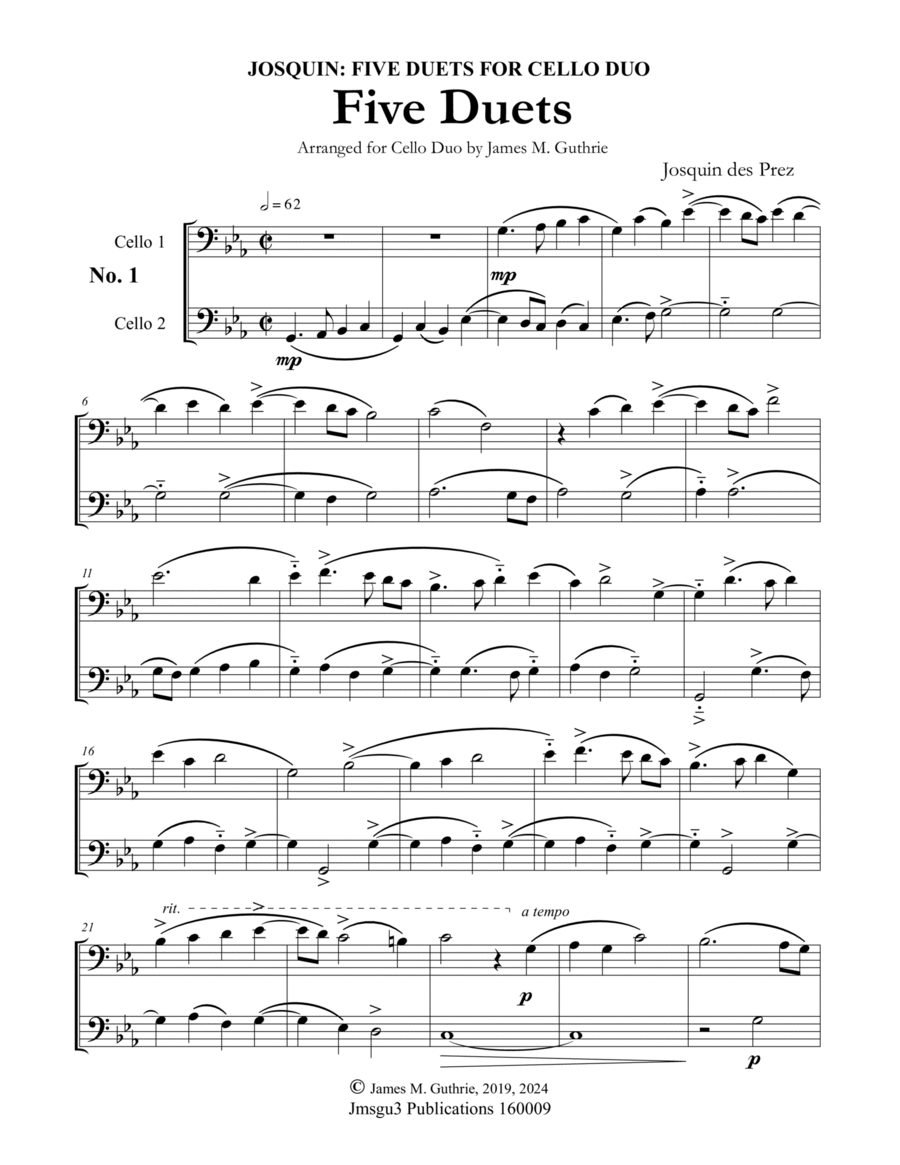Josquin: Five Duets for Cello Duo String Duet scores gallery preview page 1