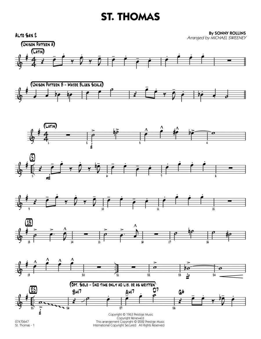 St. Thomas - Alto Sax 2 Alto Saxophone scores gallery preview page 1