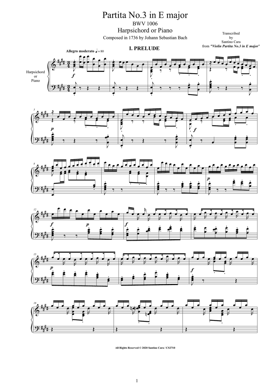 Bach - Partita No.3 in E major BWV 1006 for Harpsichord or Piano Harpsichord scores gallery preview page 1