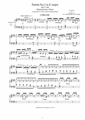 Book cover for Bach - Partita No.3 in E major BWV 1006 for Harpsichord or Piano