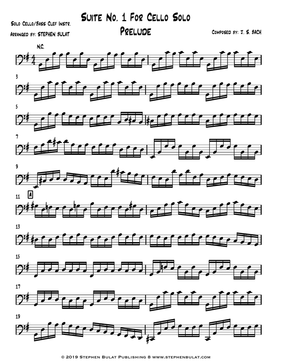 Cello Suite No 1 in G - Prelude (Bach) - arranged for solo cello, bass clef or treble clef instrumen