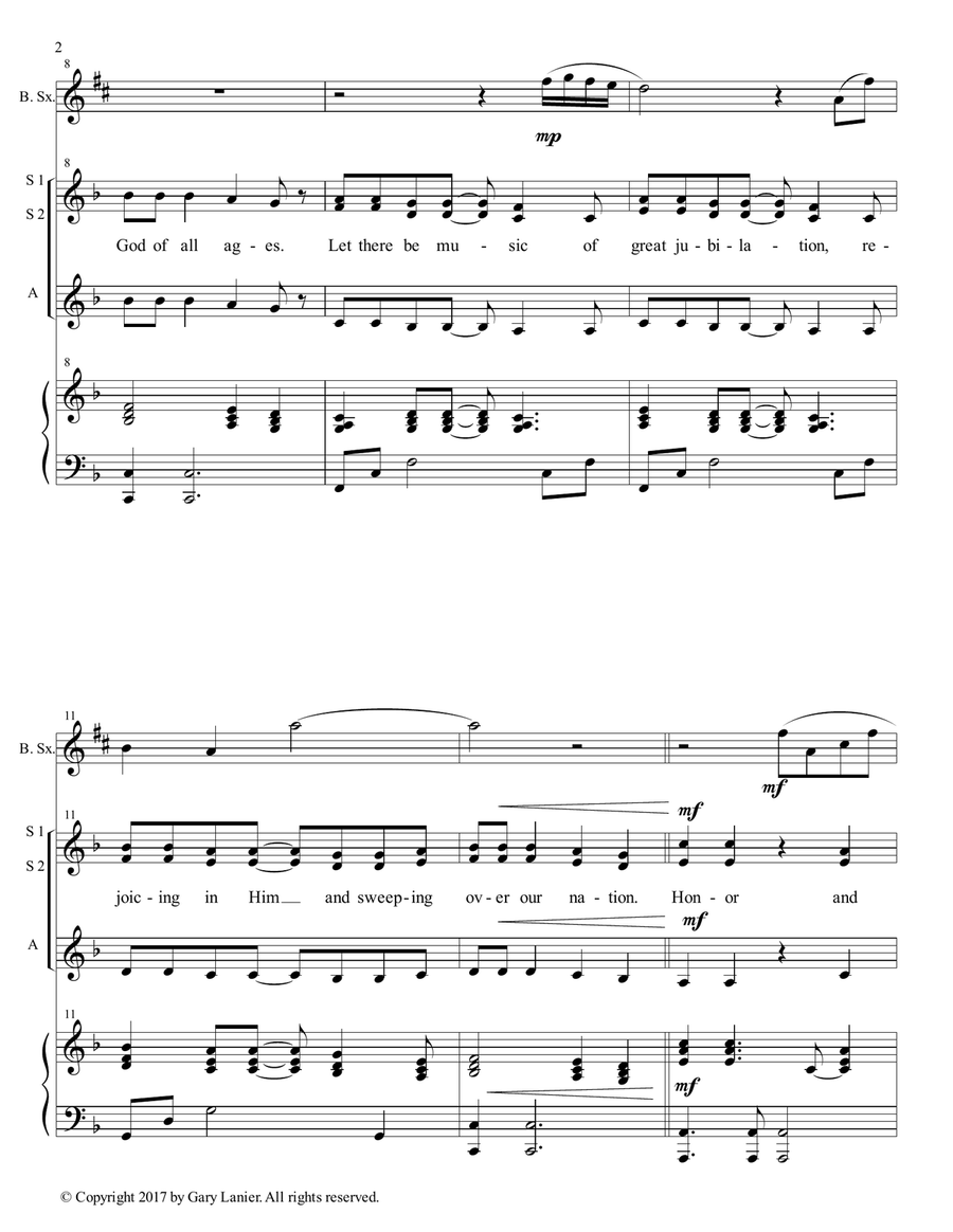 AMERICA, HONOR GOD (Ladies Trio - SSA with Baritone Sax & Piano) SSA scores gallery preview page 3