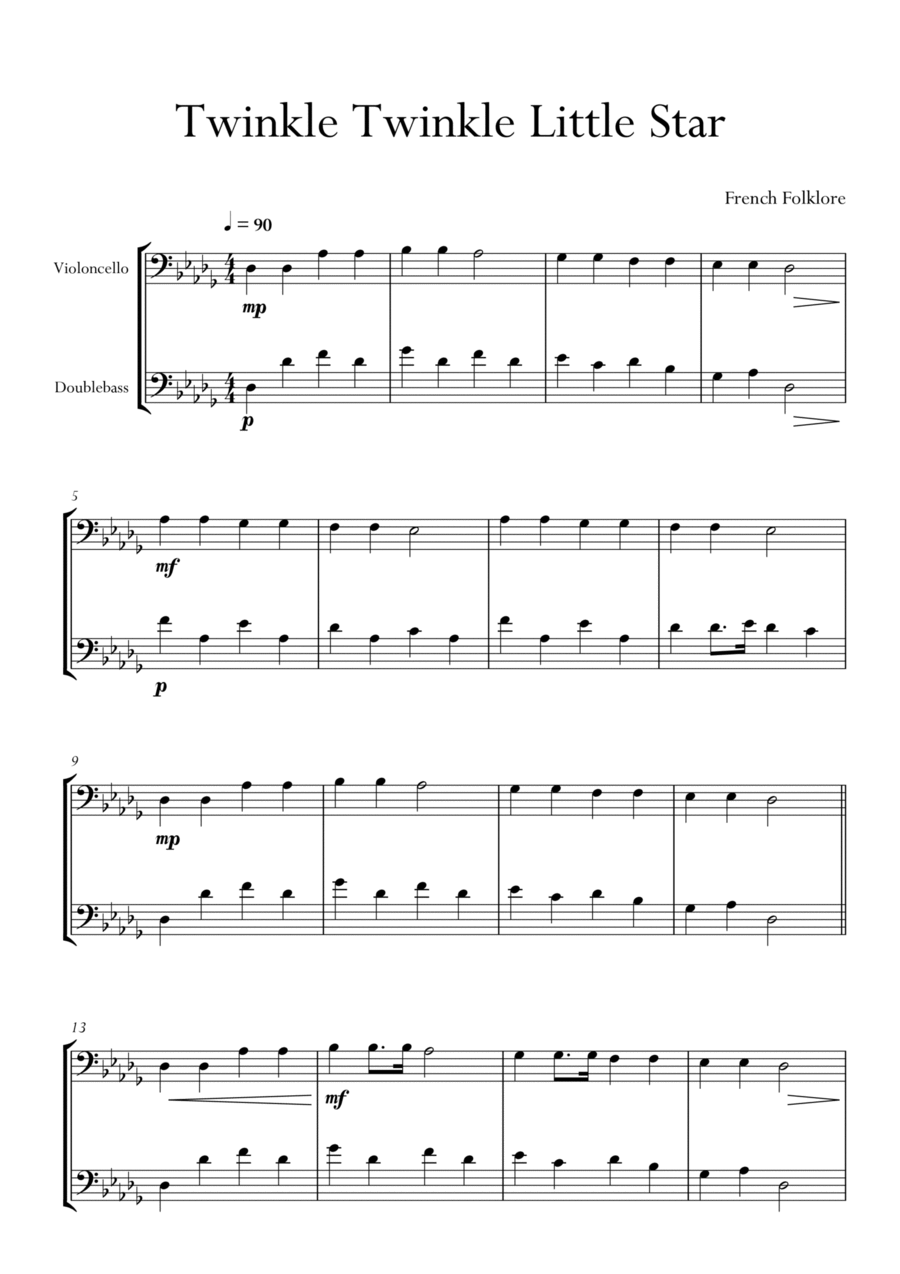 Twinkle Twinkle Little Star in Db Major for Cello (Violoncello) and Double Bass Duo. Easy version. String Duet scores gallery preview page 1