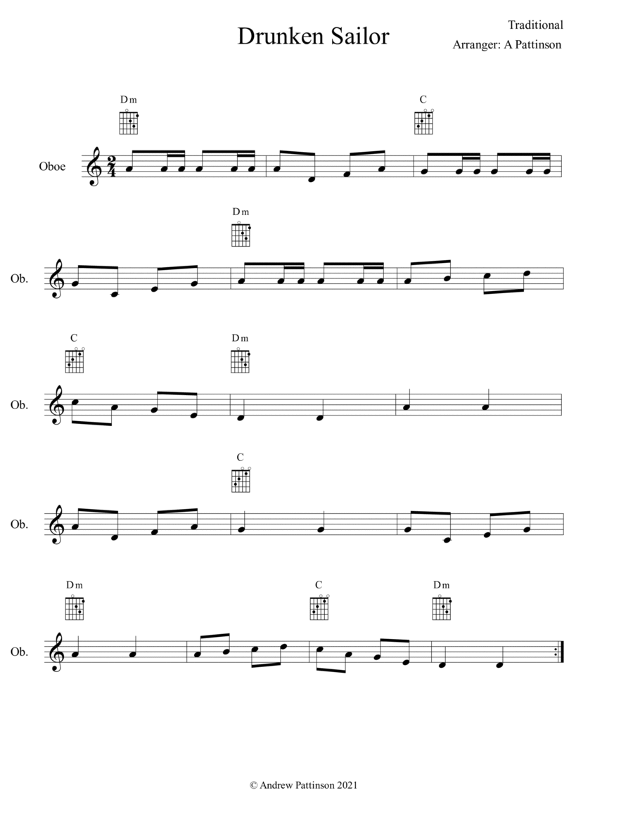 Drunken Sailor for Easy Oboe with Guitar Chords Easy Guitar scores gallery preview page 1