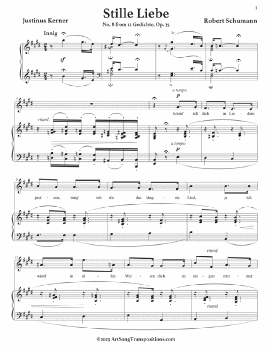SCHUMANN: Stille Liebe (transposed to 9 keys: E, E-flat, D, C-sharp, C, B, B-flat, A, A-flat major) Voice scores gallery preview page 2