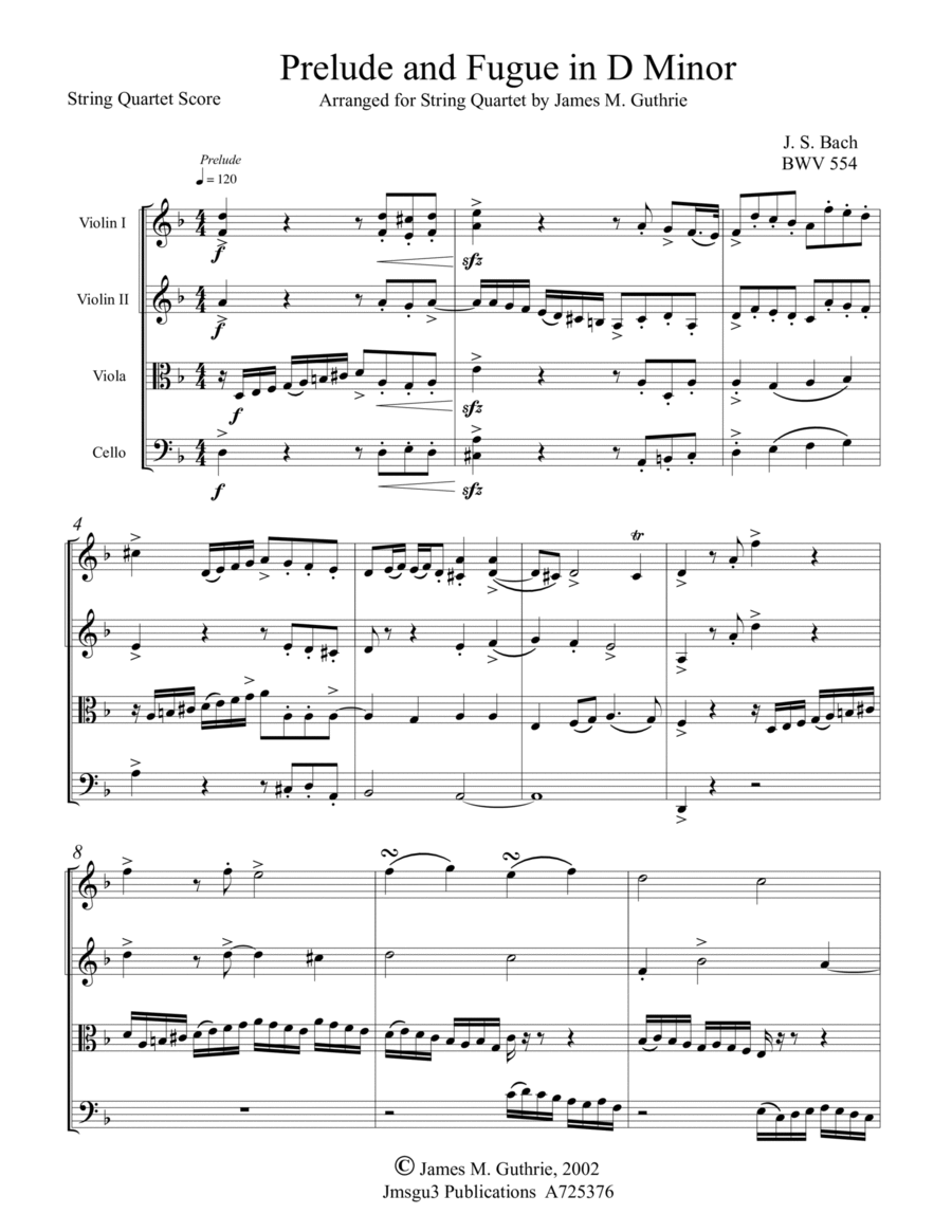 Bach: Prelude & Fugue in D Minor BWV 554 for String Quartet String Quartet scores gallery preview page 1