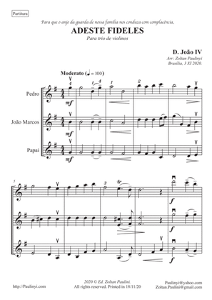 Adeste Fideles (G Major) for 3 violins (or 3 instruments in treble clefs).