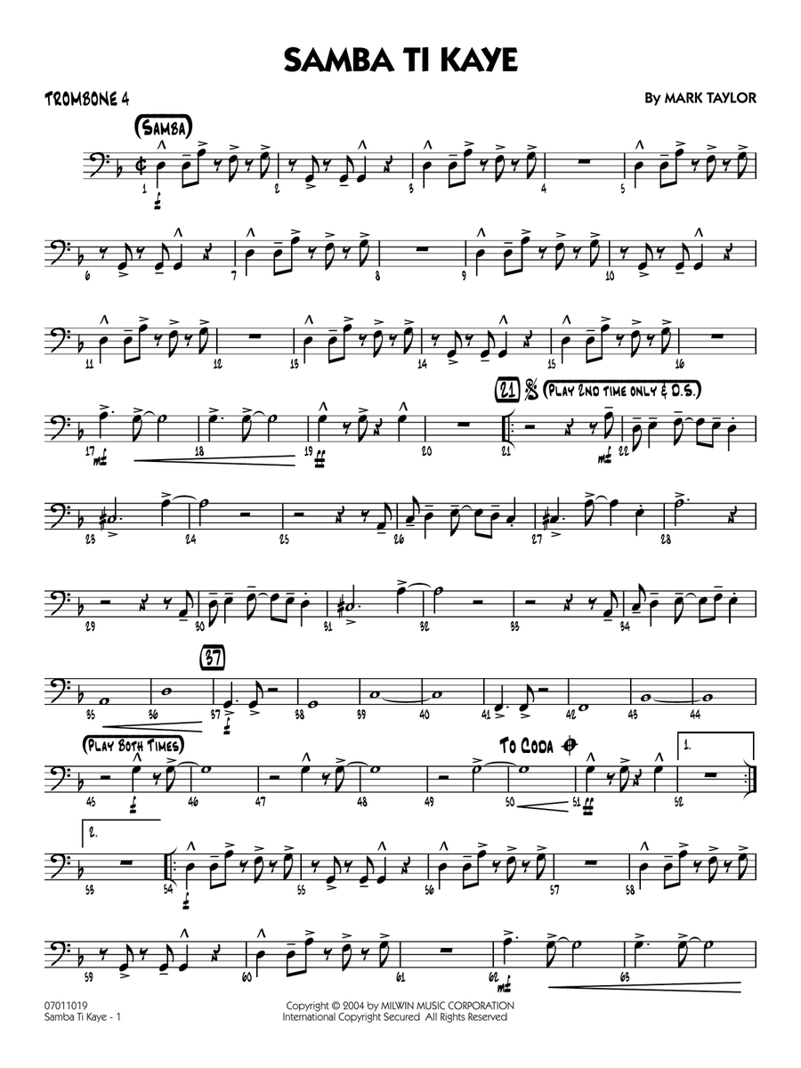 Samba Ti Kaye - Trombone 4 Jazz Ensemble scores gallery preview page 1