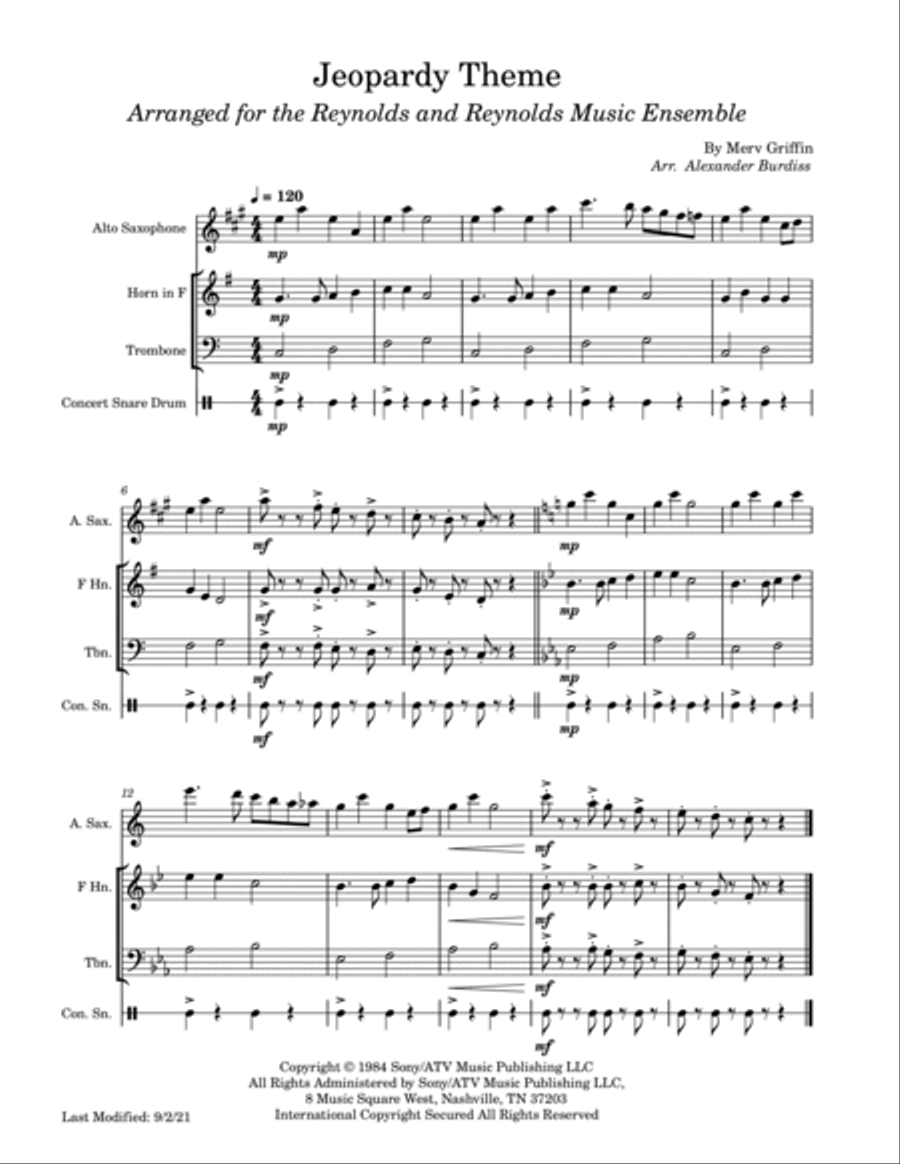 Jeopardy Theme Small Ensemble scores gallery preview page 2
