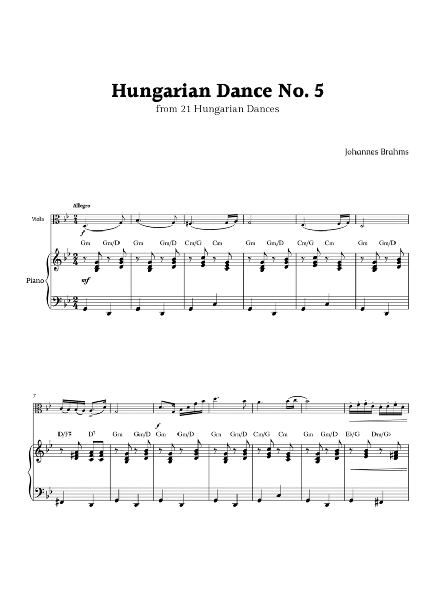 Hungarian Dance No. 5 by Brahms for Viola and Piano image number null