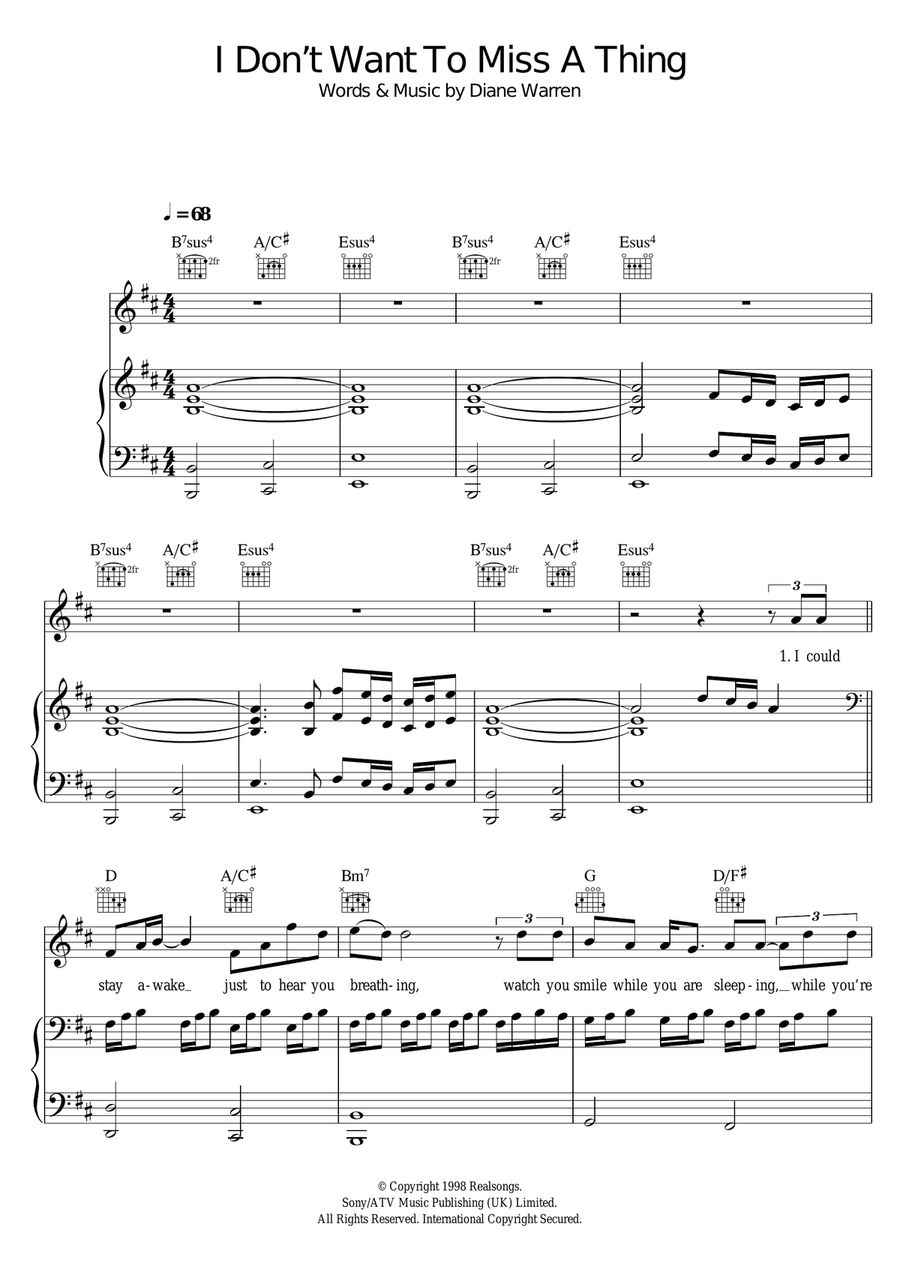 I Don't Want To Miss A Thing Piano, Vocal scores gallery preview page 1