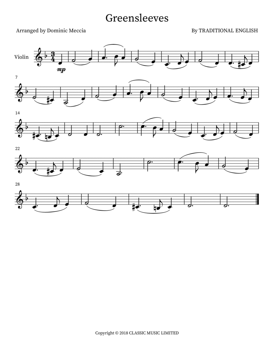 Greensleeves Violin Solo scores gallery preview page 1