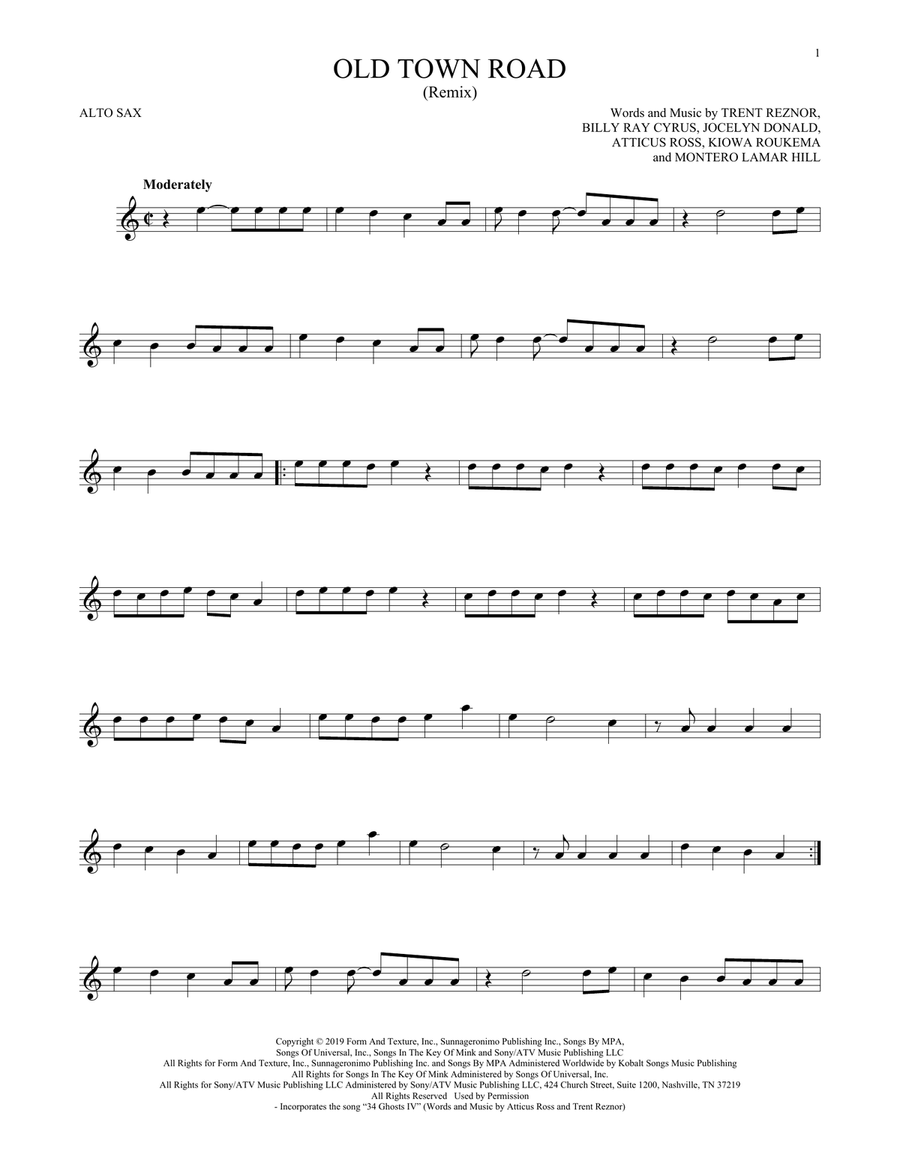 Old Town Road (Remix) Alto Saxophone scores gallery preview page 1