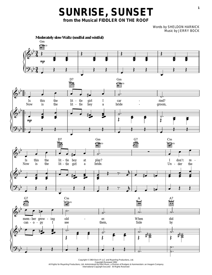 Sunrise, Sunset Piano, Vocal, Guitar scores gallery preview page 1