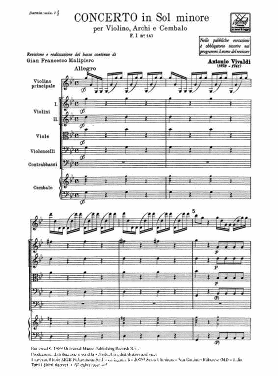 Concerto Per Violino, Archi E BC: Sol Min Rv 323