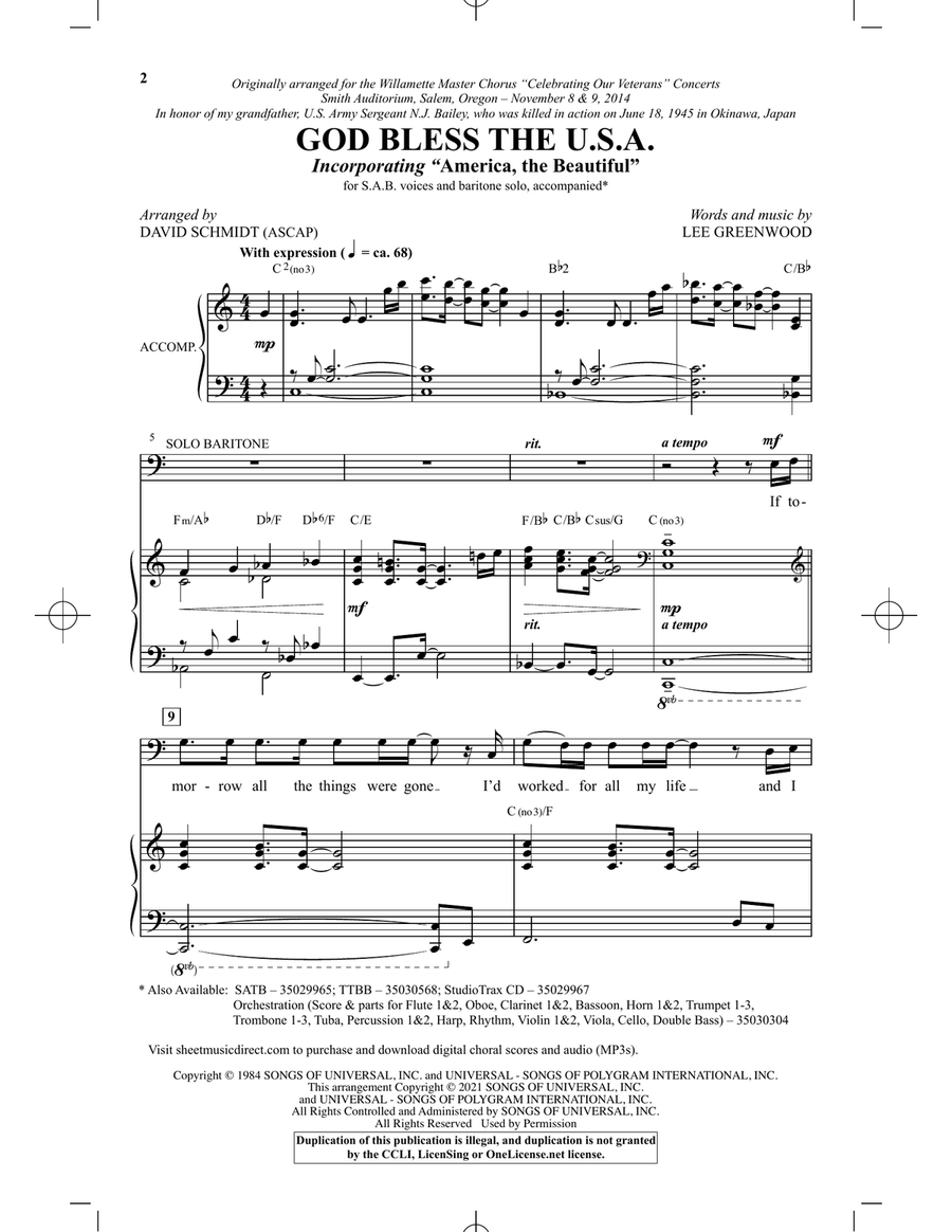 God Bless The U.S.A. (arr. David Schmidt) 3-Part scores gallery preview page 1