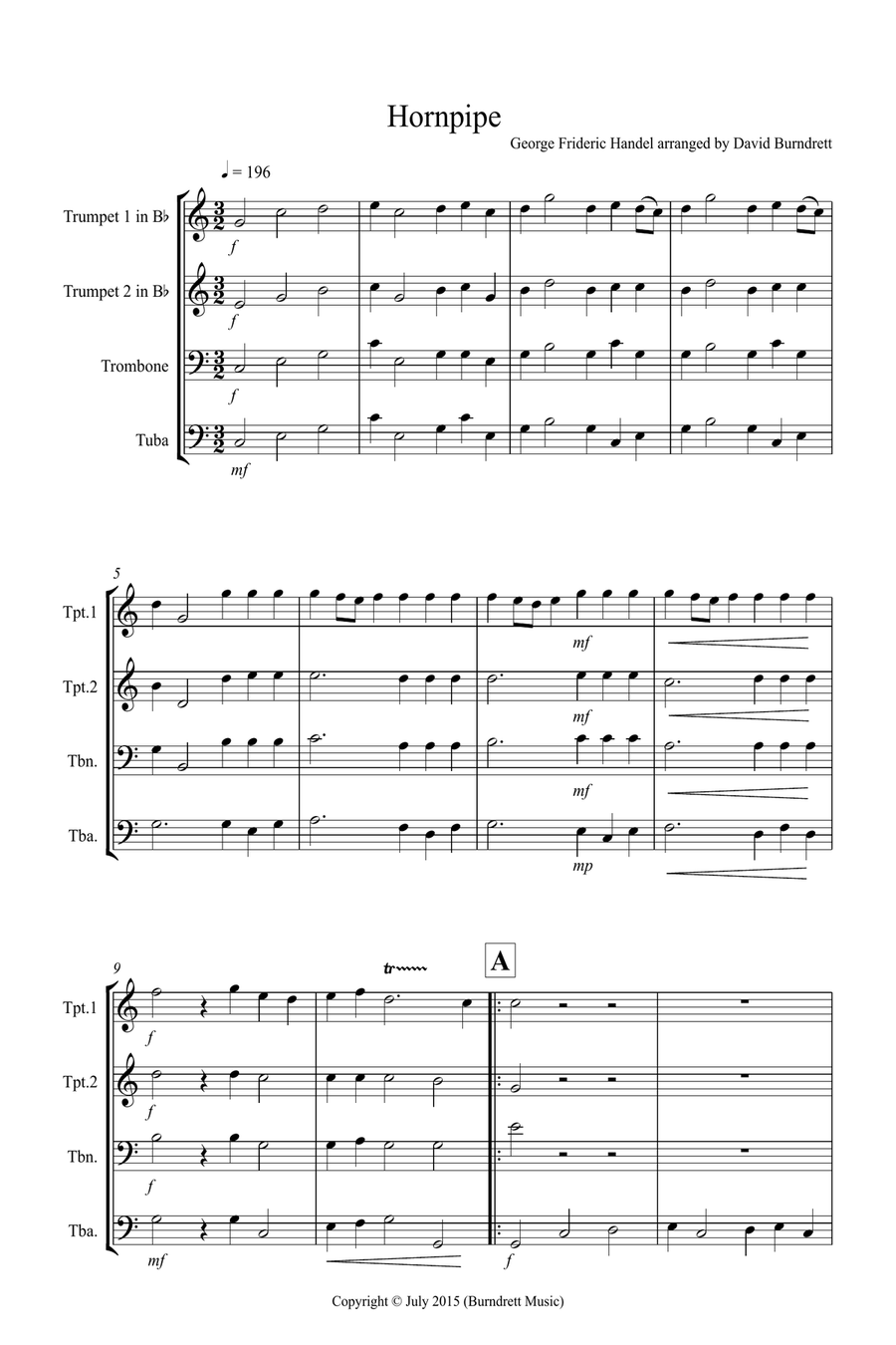 Hornpipe from Handel's Water Music for Brass Quartet Brass Quartet scores gallery preview page 1