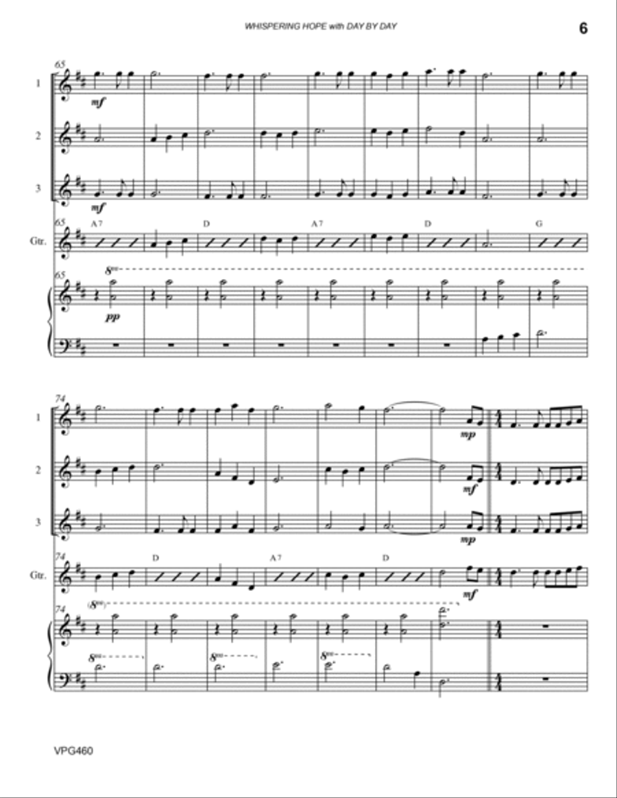 WHISPERING HOPE with DAY BY DAY - 3 Violins & Guitar with Piano accompaniment Small Ensemble scores gallery preview page 6