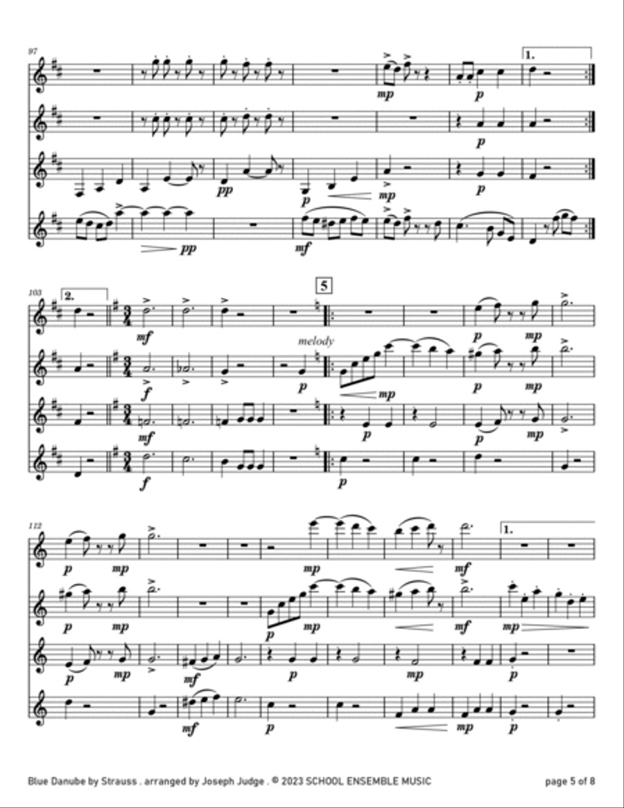 Blue Danube by Strauss for Clarinet Quartet in Schools Clarinet Quartet scores gallery preview page 5