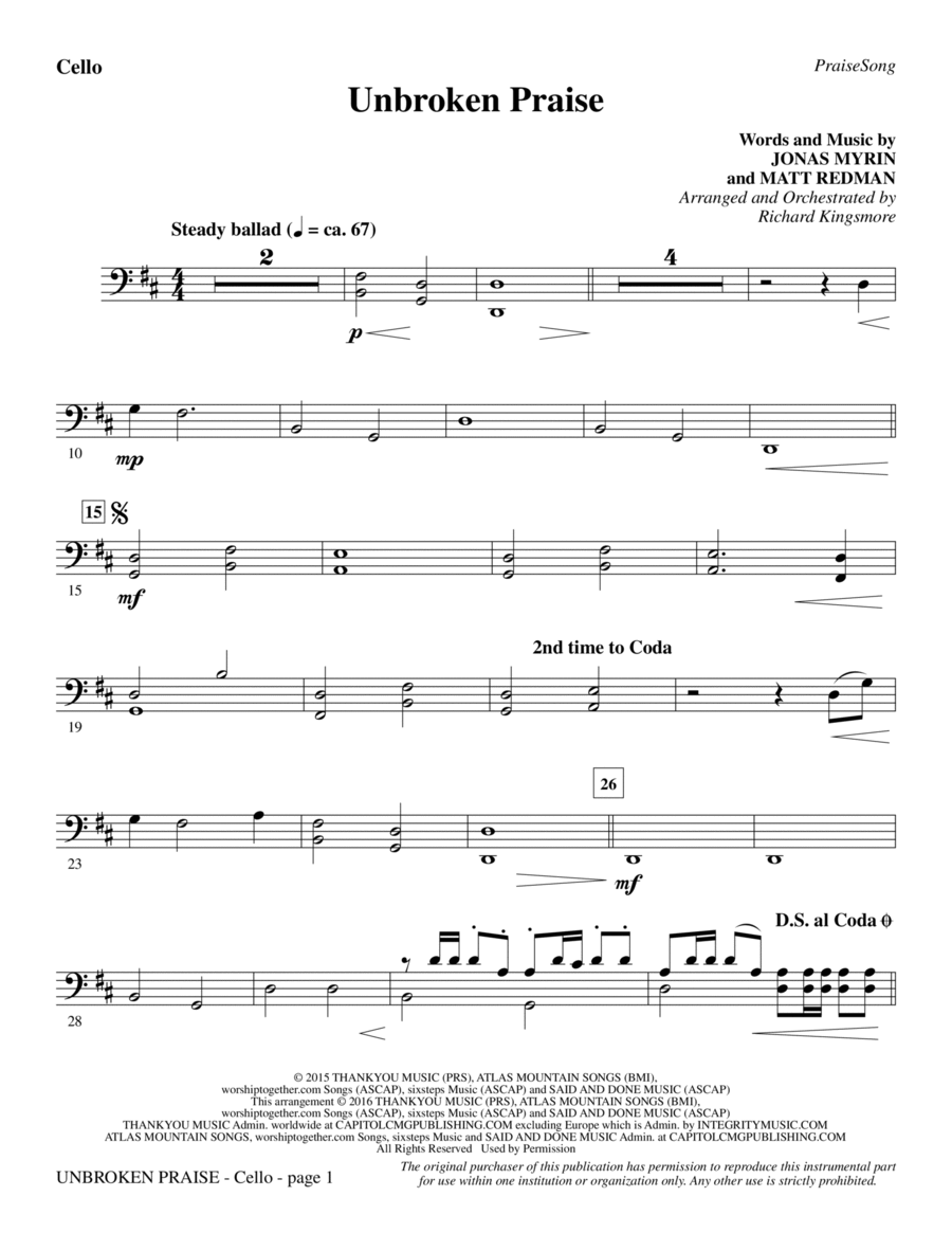 Unbroken Praise - Cello Unbroken Praise - Cello Choir scores gallery preview page 1