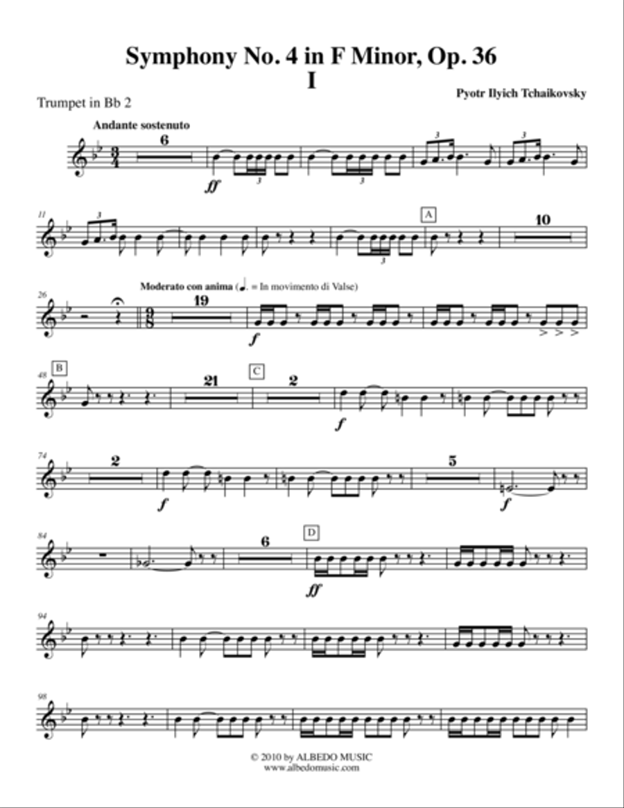‪Tchaikovsky‬ Symphony No. 4, Movement I - Trumpet in Bb 2 (Transposed Part), Op. 36 B-Flat Trumpet scores gallery preview page 1